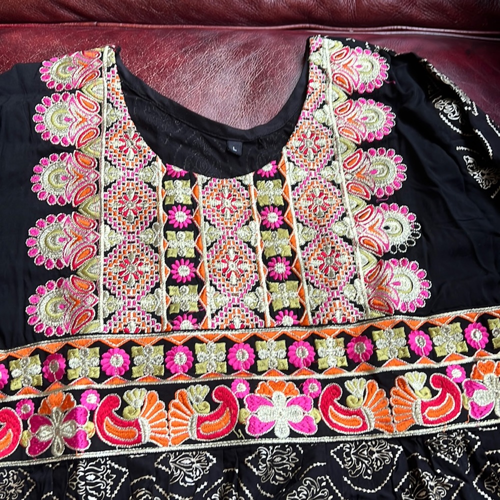 Embroidered Frock with gold block print.